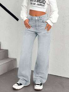SHEIN Cottnline Low Waist Back Jacron Detailed Wideleg Jean - Baby Blue - View 8