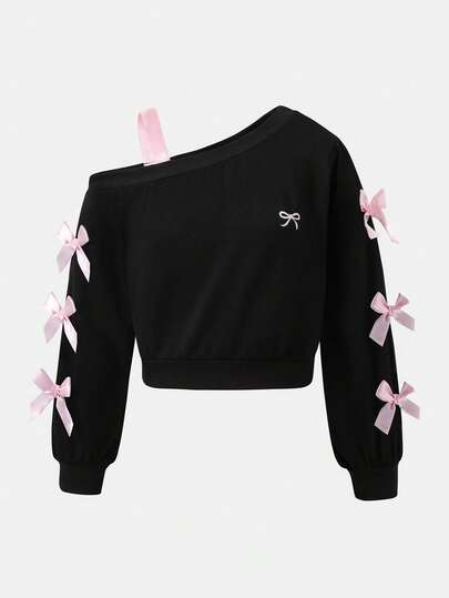 Sparklyn Tween Girl Asymmetric Collar Bow Decor Long Sleeve Pullover Sweatshirt