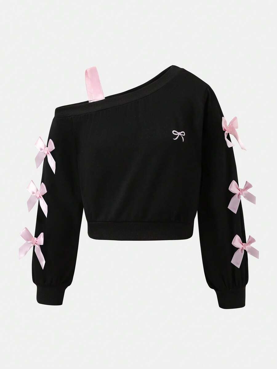 SHEIN 青少年女孩不对称领蝴蝶结装饰长袖套头衫 - 黑色 - 查看 1