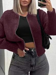 INAWLY Áo khoác cardigan nữ màu trơn có khóa kéo, thường ngày, thu/đông - Màu đỏ tím - Xem 5