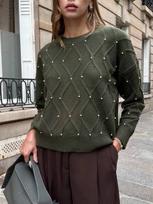 Chiquease French Style New Rhombus Studded Loose Pullover Sweater, Autumn/Winter - Army Green - View 3