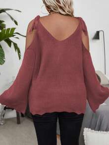 SHEIN LUNE Áo len tay loe trễ vai màu trơn cỡ lớn, mùa thu - Bụi hồng - Xem 2