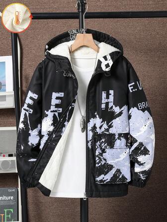 男童休闲时尚墨山字母图案连帽外套，适合日常穿着，秋冬季百搭