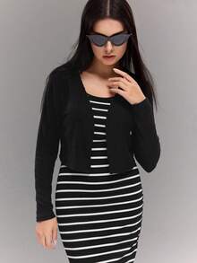 Teenage Girls' Fashion Ribbed Solid Color Long Sleeve Cropped Cardigan With Striped Design Snug Fit Two Pieces Dress - Multicolor - View 5