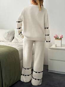 SHEIN Women Sweater With Heart And Pant 2 Pieces - Beige - View 7