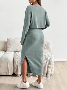 SHEIN Maternity Solid Color Round Neck Short Sleeve Top And Skirt 2 Pieces Set Knit Two Piece Set Modest Two Piece Set Two Piece Set Women Dress Ribbed Two Piece Set Comfortable Two Piece Set - Blue - View 2