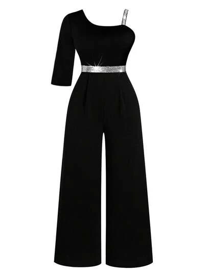 Mono de lentejuelas con recorte en los hombros y parches para mujer de talla grande, para uso en fiestas de moda