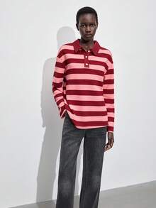 Maija 2025 秋季休闲长袖纽扣前宽松百搭简约 T 恤上衣，简约都市商务休闲女士办公室装，适合外出、上学、圣诞派对的可爱装 - 紅色 - 查看 4