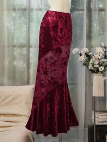 SHEIN Unity Elegant Banquet Red Flocked Mesh Flocked Skirt For Women, Autumn/Winter - Red - View 3