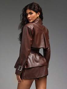Hauture Bold Shoulder PU Leather Coat - Fashion Party Essential For Night Out Style - Brown - View 5