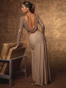 Hauture Sexy Hot Fix Mesh Top – Cowl Back Long Sleeves Night Out & Party Top For Going Out - Dusty Pink - View 5