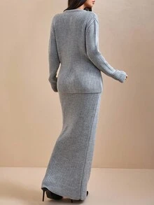 EURMUSE Conjunto de cardigan y falda de punto con botones frontales, de unicolor para mujer - Gris - Ver 6