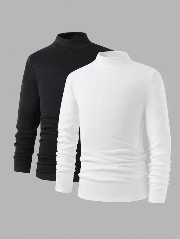 2 件套男童保暖内衣上衣，舒适修身高领长袖衬衫，多色，秋冬新品