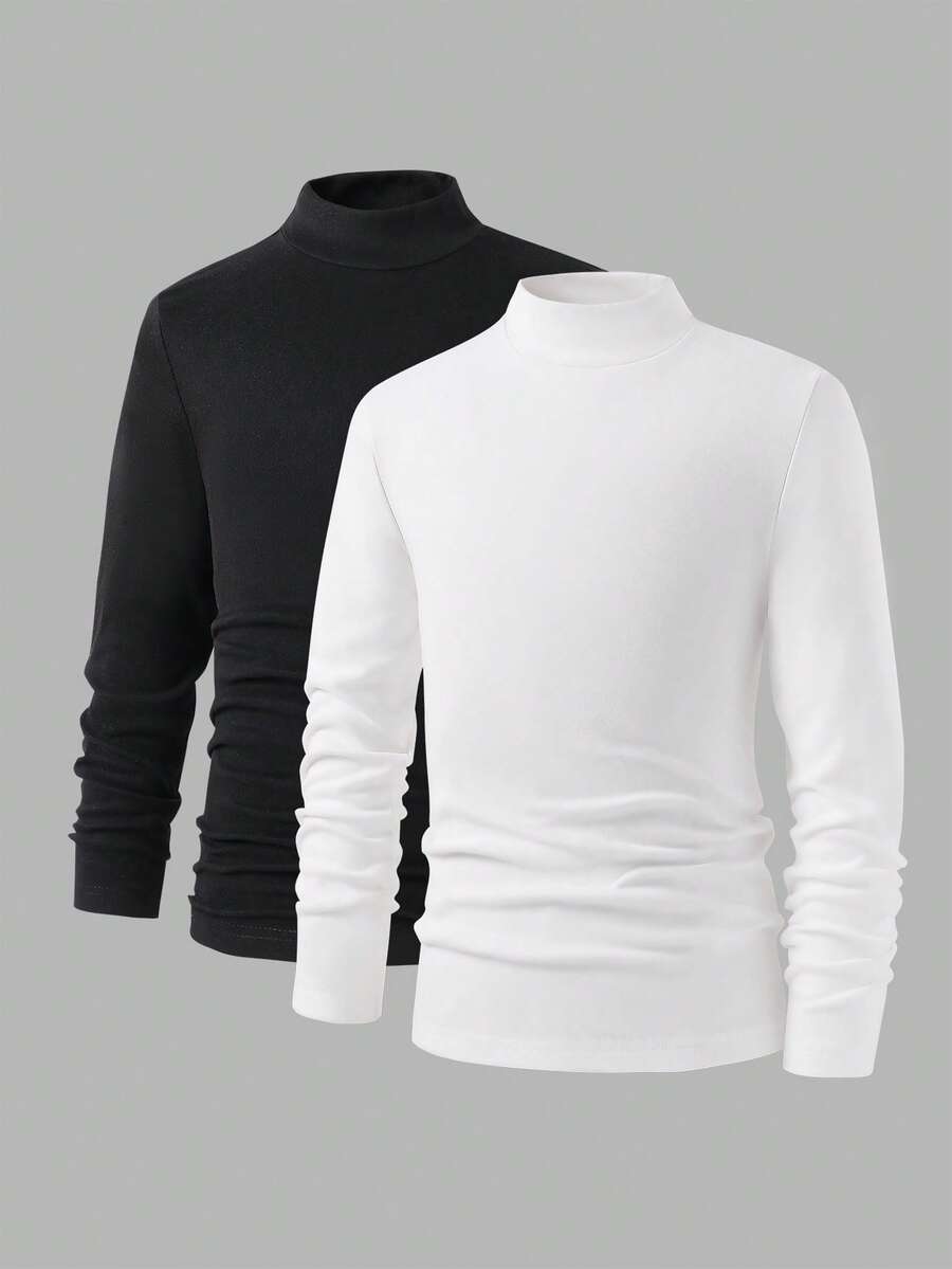 2 件套男童保暖内衣上衣，舒适修身高领长袖衬衫，多色，秋冬新品 - 彩色 - 查看 1