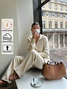 EURMUSE WOMEN Two Pieces POLO COLLAR SET – SAND BEIGE ACRYLIC SIDE SLIT LOOSE FIT TOP + WIDE LEG TROUSERS – FW'25 RELAXED CASUAL CHIC STYLE Loungewear Sets Women Coords Sets Women Comfy Set Loungewear Women Knit Set,Petite,Winter Clothes - Beige - View 1