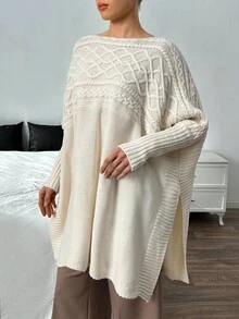 EURMUSE 女士落肩罗纹针织毛衣套头衫 - 奶油色 - 查看 7
