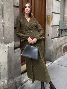 SHEIN PariChic Váy mùa đông sọc xanh ô liu Qianqian Leaf - xanh quân đội - Xem 5