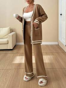 EURMUSE 女士开衫套装 优雅纽扣精致舒适保暖毛衣裤套装 - 駝色 - 查看 4