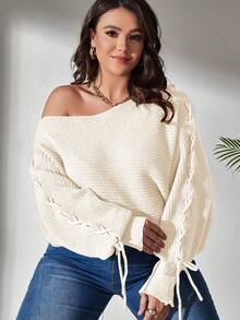 Elenzga Suéter de hombros descubiertos con cordón en unicolor, multicolor, talla grande - Beis - Ver 6