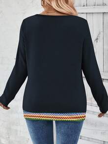 EMERY ROSE Camiseta de manga larga con cuello en V, estampado de rayas de colores y parches, talla grande para mujer, nueva llegada para otoño/invierno - Azul Marino - Ver 2