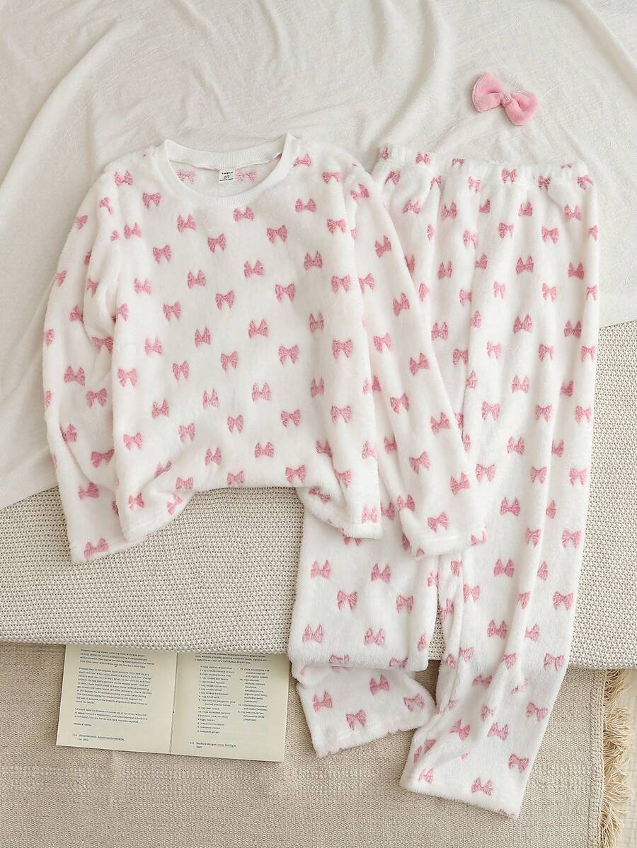 Genkimix Kids 2 件套女童休闲蝴蝶印花羊毛圆领长袖上衣和裤子套装，秋冬 - 白色 - 查看 1