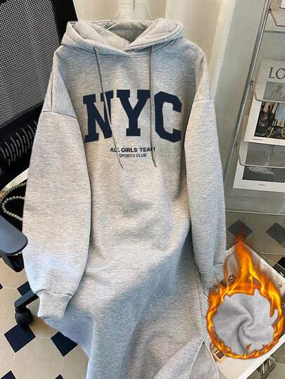 Resyla 女式羊毛连帽连衣裙，配有抽绳和纽约 NYC 字母印花，长袖运动衫图案套装