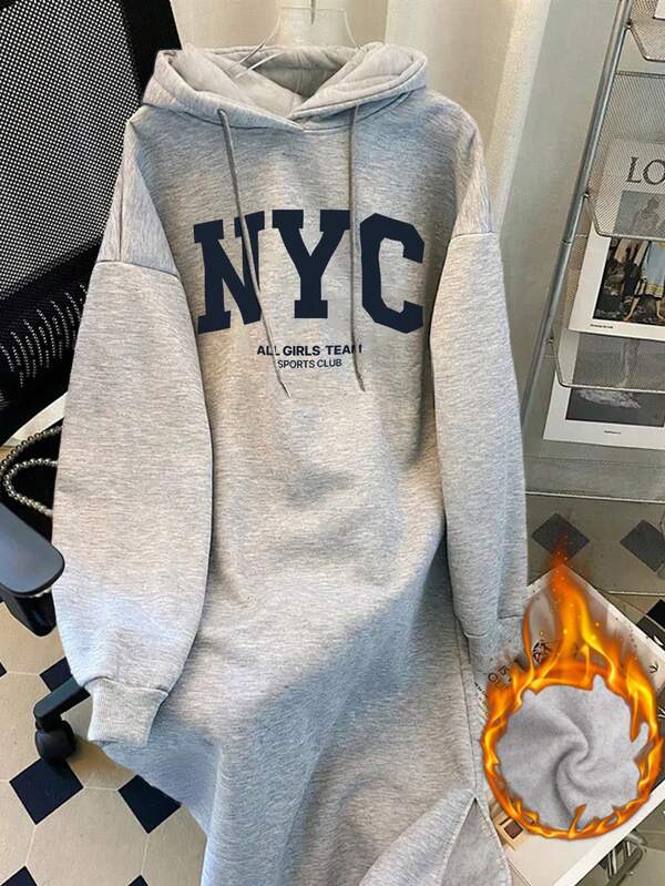 Resyla Women's Fleece Hooded Dress With Drawstring And New York NYC Letter Print ,Long Sleeve Sweathirt Graphic Outfit