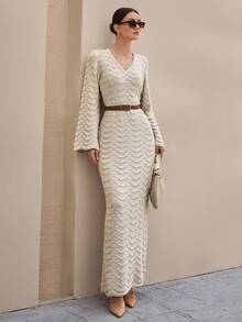 CLARA VERO Women Solid Color Irregular Stripe Deep V-Neck Flair Sleeve Maxi Sweater Dress  Beige Knit Maxi Dress,Petite - Beige - View 6