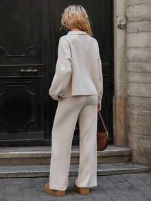 EURMUSE Relaxed Fit Button-Up Knit Lounge Set With Pocket Detail And Wide-Leg Pants,Co Ords Sets Women,Petite Co Ord,Co Ord,Petite,Winter Clothes - Beige - View 7