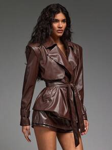 Hauture Bold Shoulder PU Leather Coat - Fashion Party Essential For Night Out Style - Brown - View 4