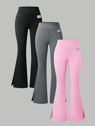 SHEIN Girlism 3 件套休闲百搭喇叭裤，侧开衩，适合通勤和日常穿着，黑色/深灰色/浅灰色，春/秋/夏，青少年女孩和女士