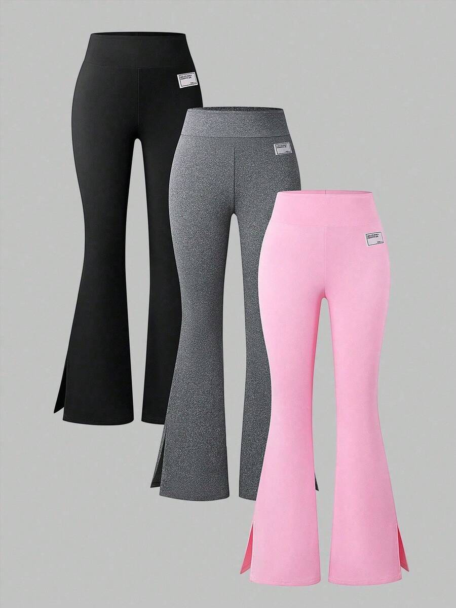 SHEIN Girlism 3件組休閒百搭側開衩喇叭褲,秋季服飾,青少年女孩開學季喇叭腿緊身褲,秋季日常穿著,黑色 - 彩色 - 查看 1
