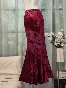 SHEIN Unity Elegant Banquet Red Flocked Mesh Flocked Skirt For Women, Autumn/Winter - Red - View 2