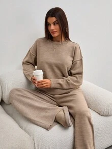 EURMUSE Women Round Neck Rib Knitted Sweater And Sweater Pant 2pcs Sets Co-Ord Knit Two Piece Set Two Piece Set Women Comfortable Two Piece Set Beige Two Piece Set Two Piece Lounge Set,Winter Clothes - Grey - View 7