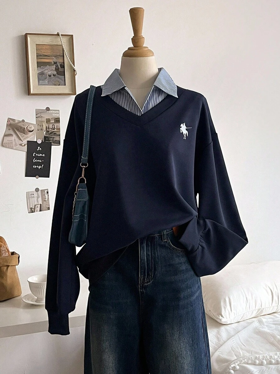 1pc Teen GirlSweatshirt With Collar Splice, Long Sleeve, Ribbed Cuffs And Hem, Casual Urban College Style Sweatshirt, Autumn