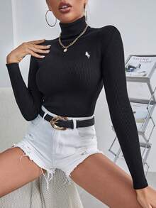 Cévolie 女士休闲日常通勤百搭刺绣高领修身罗纹针织毛衣，秋冬 - 黑色 - 查看 5