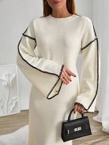EURMUSE Flared Sleeve Contrast Binding Maxi Dress,Winter Dresses For Women,Petite - White - View 3