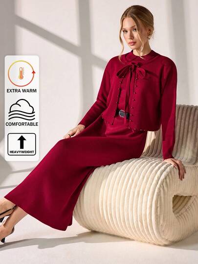 CLARA VERO Women Sweater Dress Burgundy With Pearls And Bow Red Sets For Women Womens Red Sweater Dress Set Red Two Piece Dress Set Blouse And Skirt Set Red Sweater Set,Co Ord,Winter Clothes