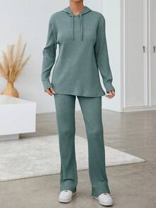 Conjunto De Camiseta Con Capucha Y Pantalón Con Cordón Para Mujer