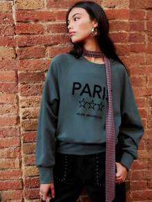 Nöista Dusty Blue Paris-Print Sweatshirt For Women,Relaxed Fit Dropped Shoulders Ribbed Cuffs,Autumn Streetwear Casual School Back-To-School Cozy Winter Top - Dark Grey - View 3