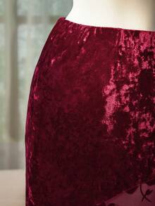 SHEIN Unity Elegant Banquet Red Flocked Mesh Flocked Skirt For Women, Autumn/Winter - Red - View 5