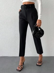 EURMUSE Cotton High Waist Belted Cropped Suit Pants - Black - View 4