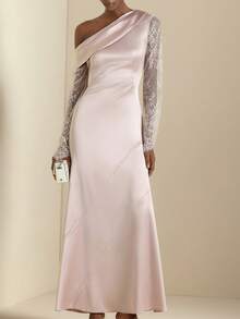 SHEIN Veneréa Spitze Patchwork asymmetrischer Kragen Farbblock elegantes Langarmkleid