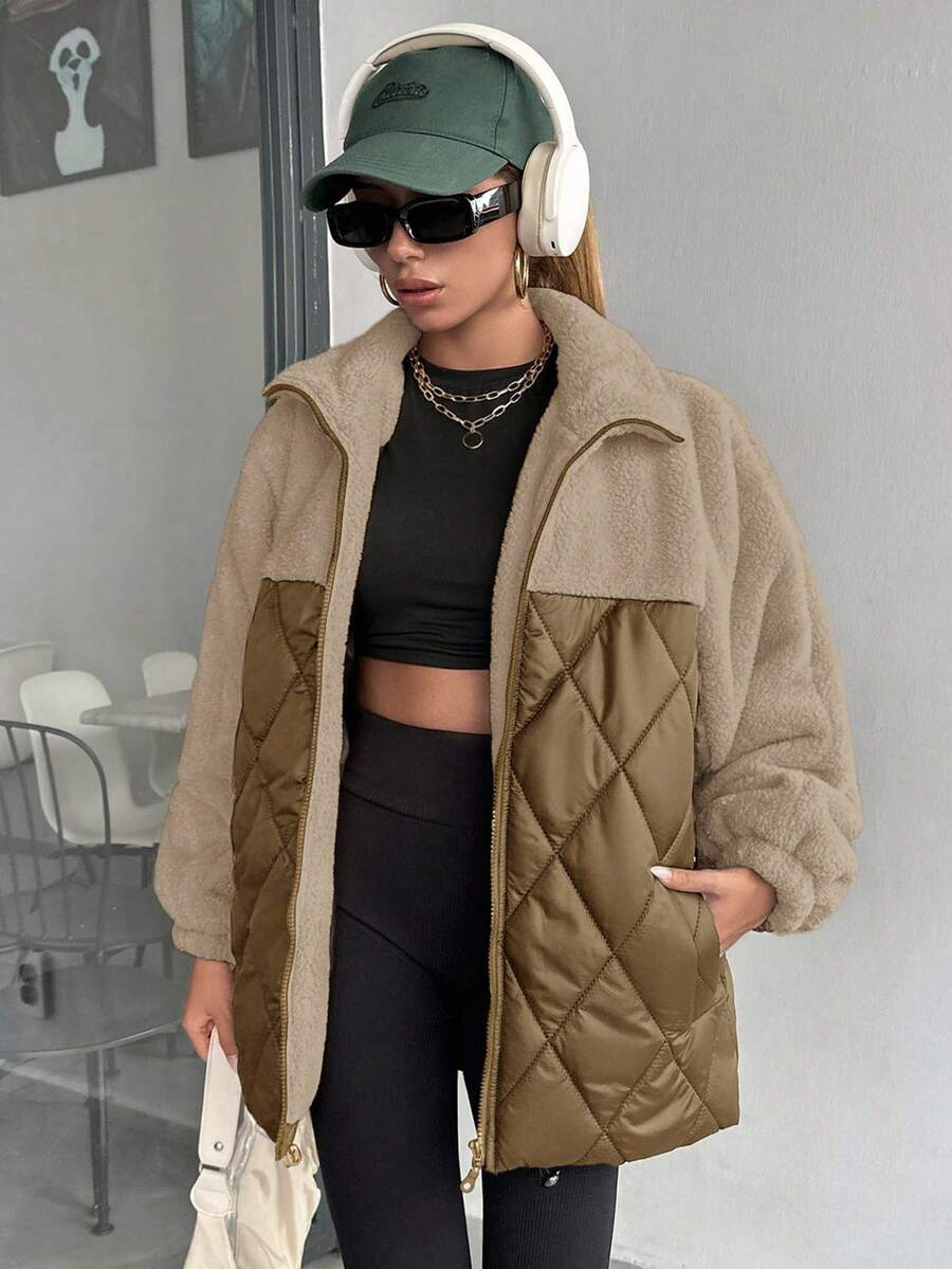 RueChic 女士夹棉大衣，采用泰迪熊面料拼接，钻石形针脚线 - 棕色 - 查看 1