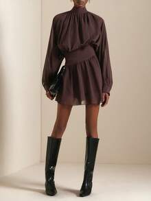 SHEIN Veneréa Autumn New Ruffled Hem Printed Long Sleeve Waist Cinched Mini Dress Chocolate Brown Dress