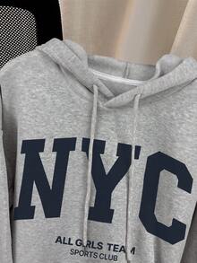 Resyla 女式羊毛连帽连衣裙，配有抽绳和纽约 NYC 字母印花，长袖运动衫图案套装