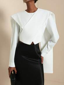 SHEIN Veneréa Camisa larga de manga larga con elegante abertura frontal cruzada de unicolor