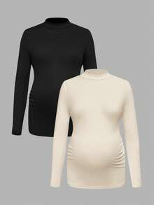 Modmama 2件装孕妇休闲纯色立领长袖T恤孕妇装2件装孕妇高领上衣女式高弹力孕妇装 - 彩色 - 查看 3