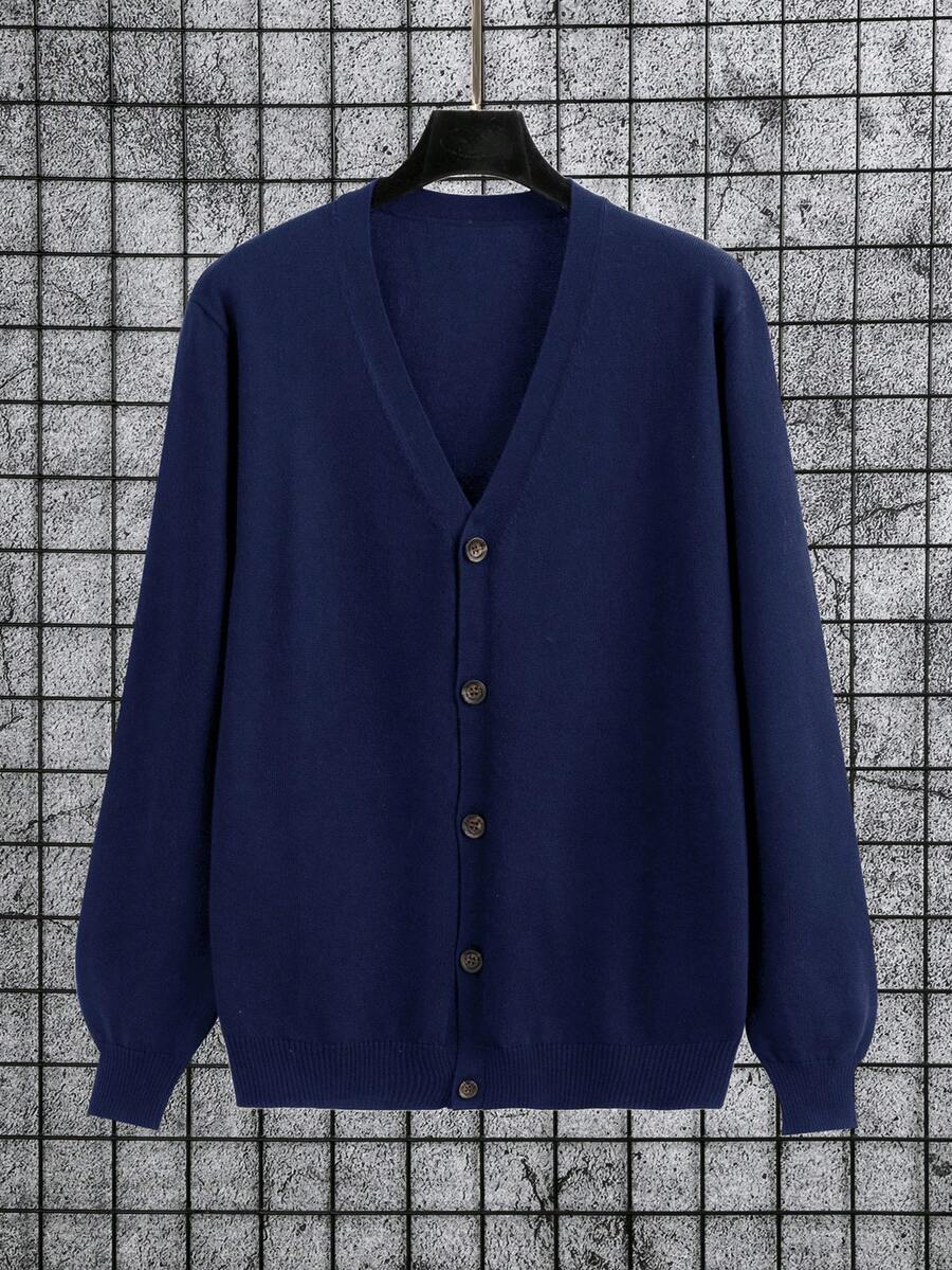 Manfinity Homme Plus Size Men's Casual Solid Color Button-Up Long Sleeve Cardigan, Fall/Winter Men Knitted Button Up - Royal Blue - View 1