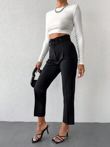 EURMUSE Cotton High Waist Belted Cropped Suit Pants - Black - View 5